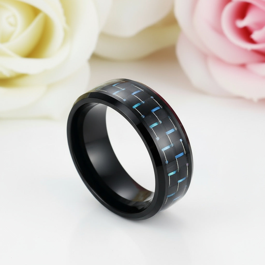 Black and Blue Carbon Pattern Ring Band-Black Diamonds New York