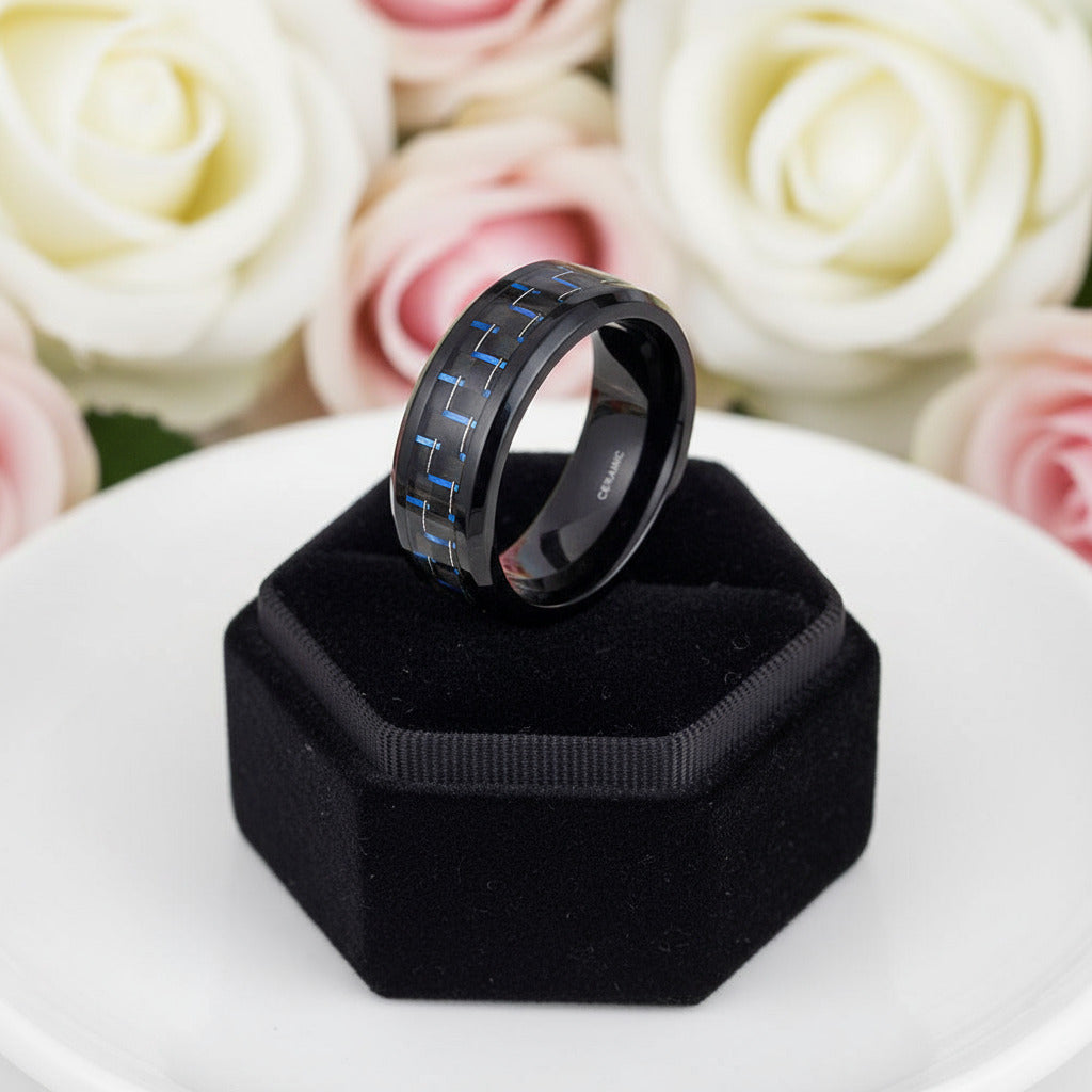 Black & Blue Men's Ceramic Wedding Band-Black Diamonds New York
