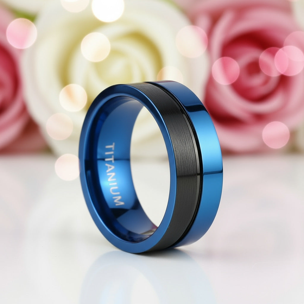 Black & Blue Titanium Men's Wedding Band-Black Diamonds New York