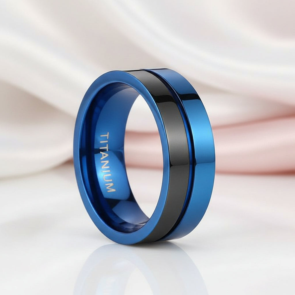 Black & Blue Titanium Men's Wedding Band-Black Diamonds New York