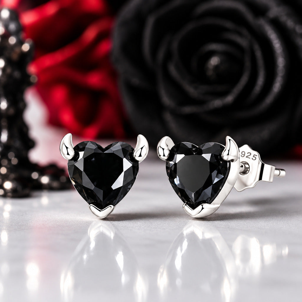 Black Devil Heart Stud Earrings-Black Diamonds New York