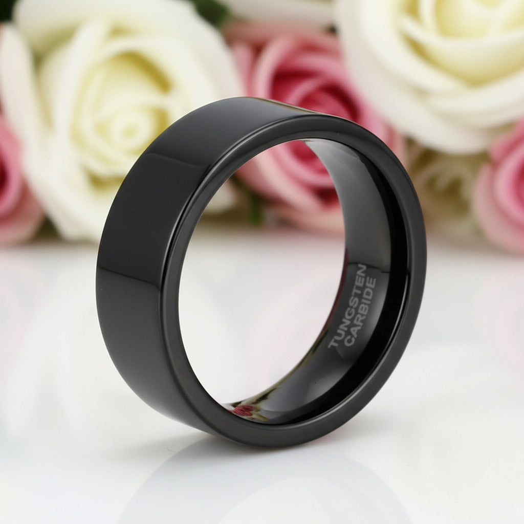 Black Flat Tungsten Carbide Men's Wedding Band-Black Diamonds New York