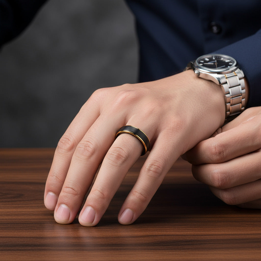 Black & Gold Matte Men's Tungsten Wedding Band-Black Diamonds New York