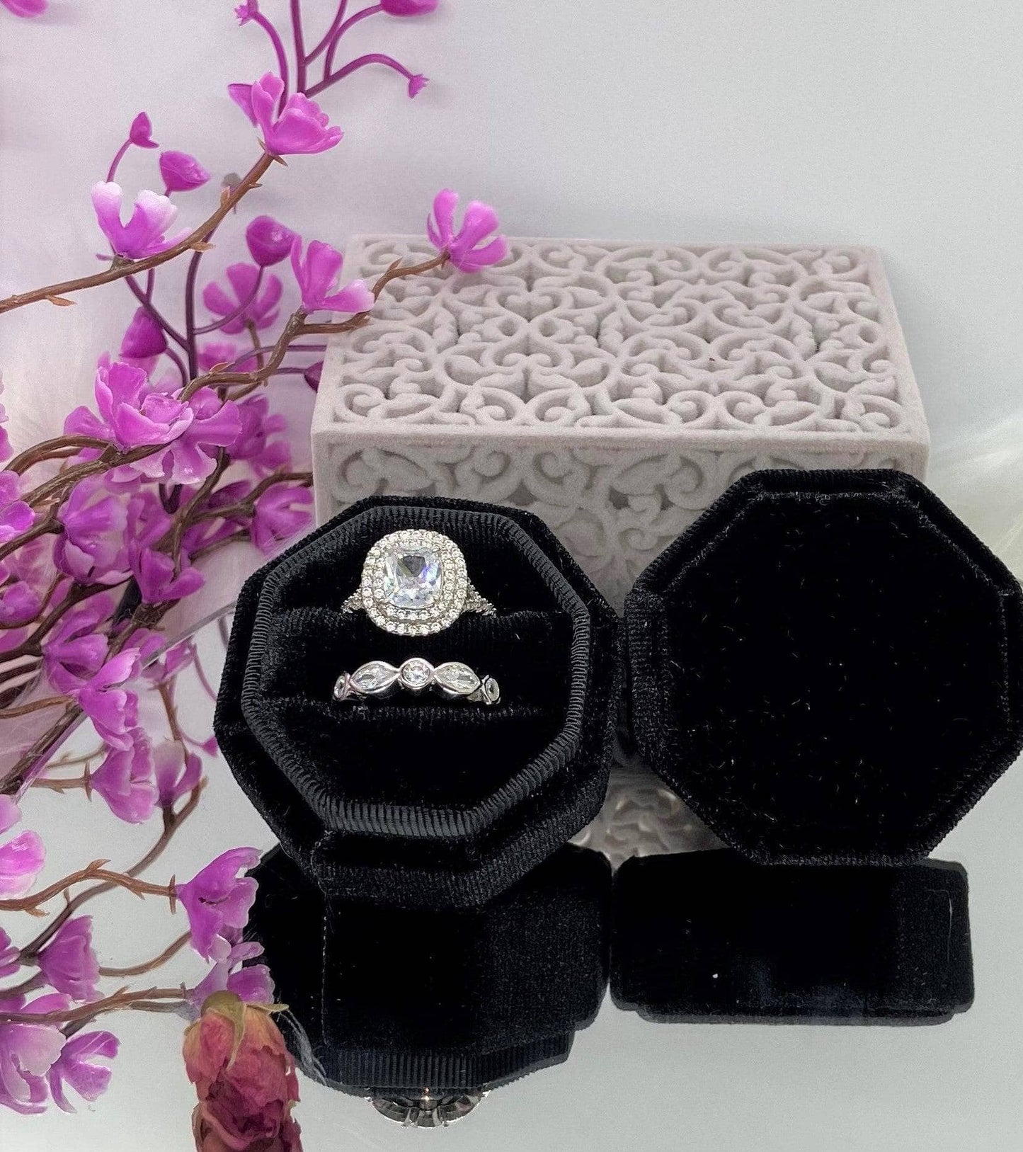 Black Love Is Patient Double Ring Slots Octagon Velvet Ring Box-Black Diamonds New York