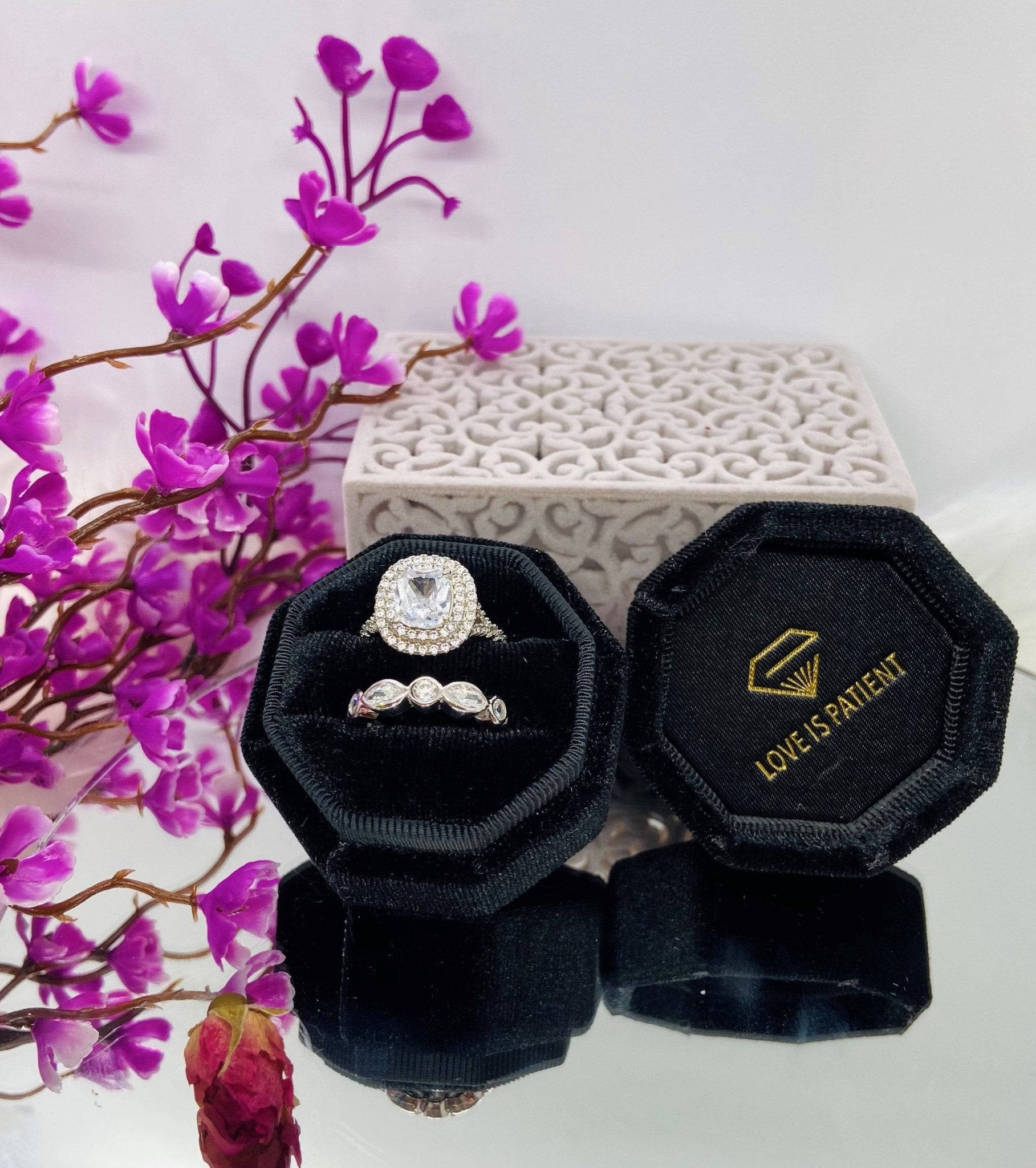 Black Love Is Patient Double Ring Slots Octagon Velvet Ring Box-Black Diamonds New York