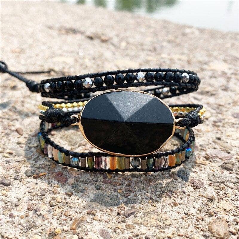 Black Onyx & 3 Layer Wrap Bohemian Bracelet-Black Diamonds New York