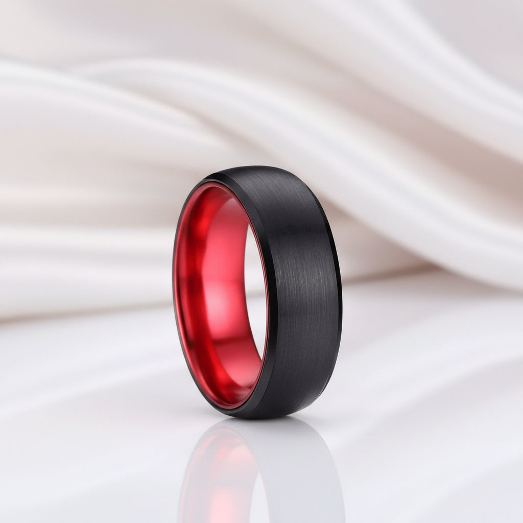Black & Red Color Brushed Dome Tungsten Carbide Men's Wedding Band-Black Diamonds New York