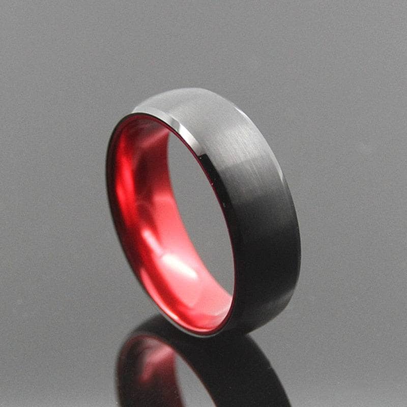 Black & Red Color Brushed Dome Tungsten Carbide Men's Wedding Band-Black Diamonds New York