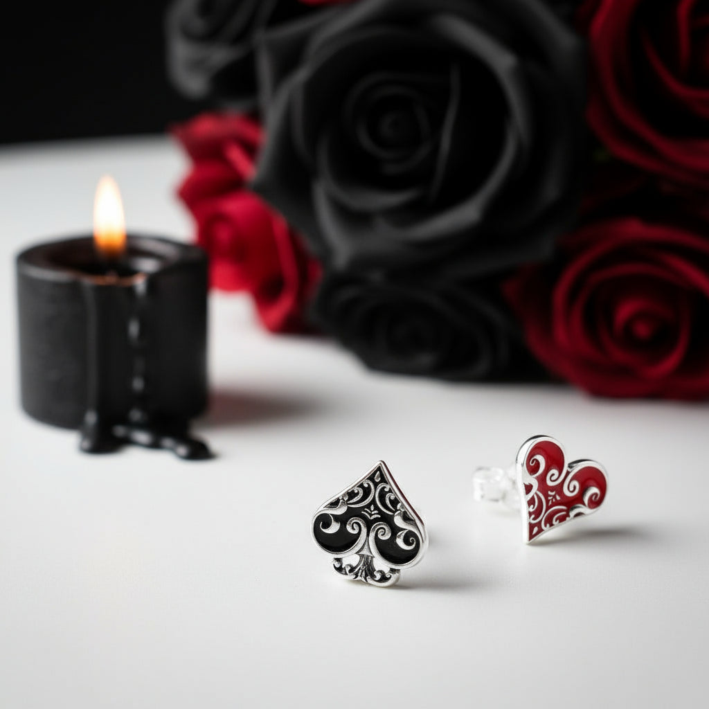 Black & Red Poker Heart Stud Earrings-Black Diamonds New York