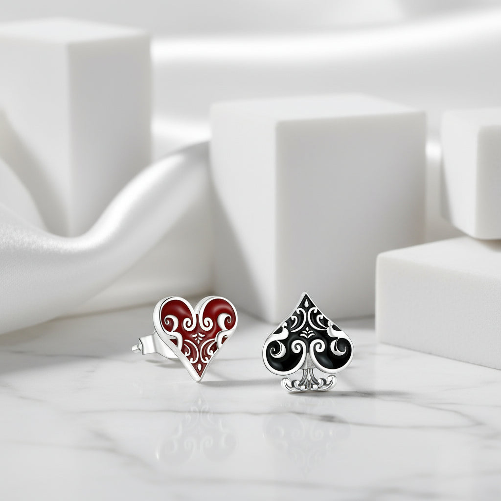 Black & Red Poker Heart Stud Earrings-Black Diamonds New York