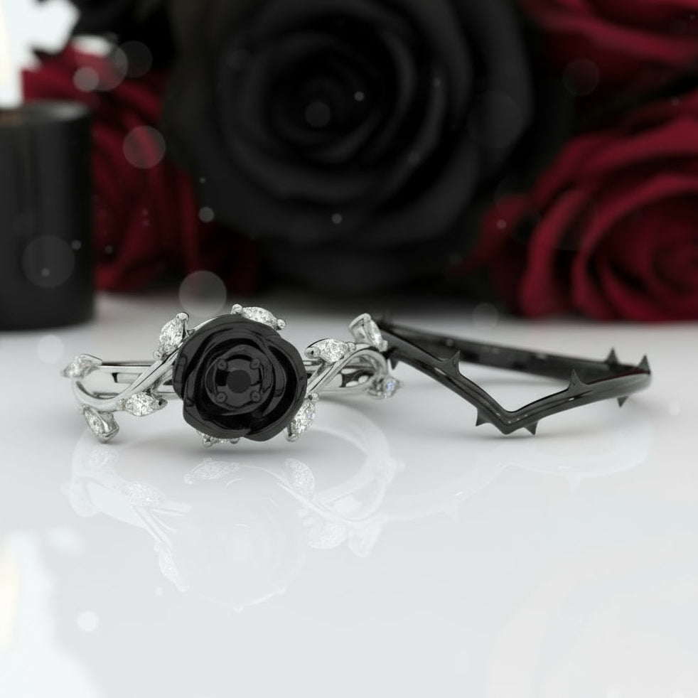 Black Rose- .50ct Round Cut Diamond 14k Gold Modern Goth Engagement Ring-Black Diamonds New York