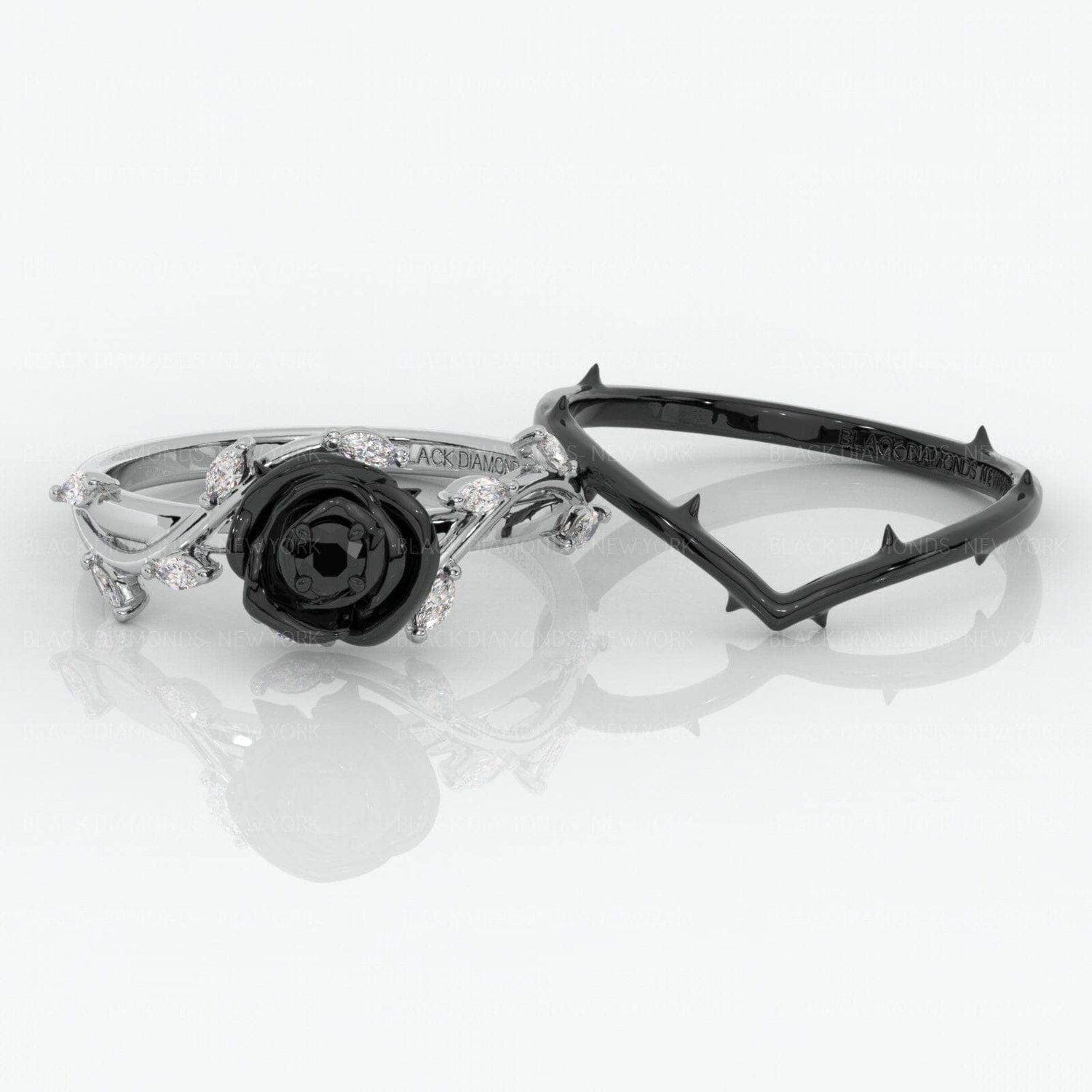 Black Rose- .50ct Round Cut Moissanite 14k Gold Modern Goth Engagement Ring-Black Diamonds New York