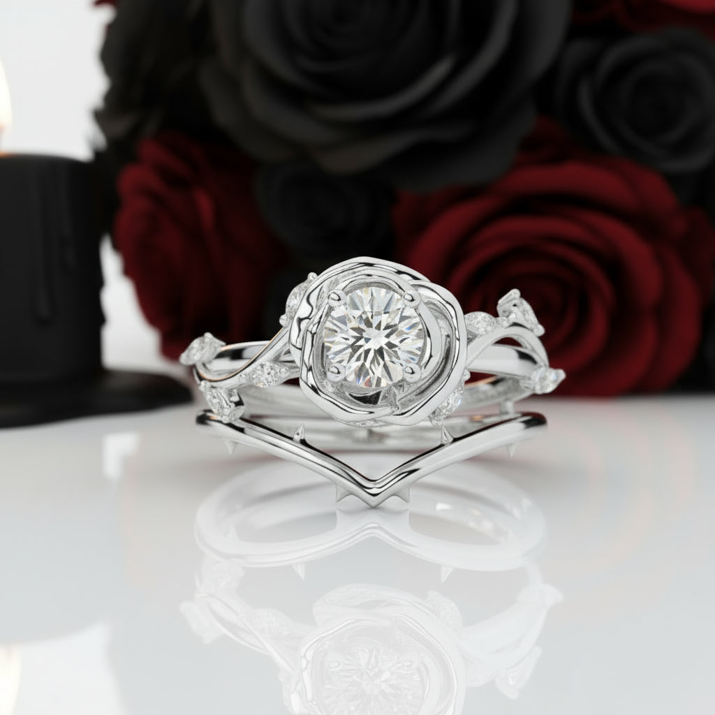 Black Rose- .50ct Round Cut Diamond 14k Gold Modern Goth Engagement Ring-Black Diamonds New York