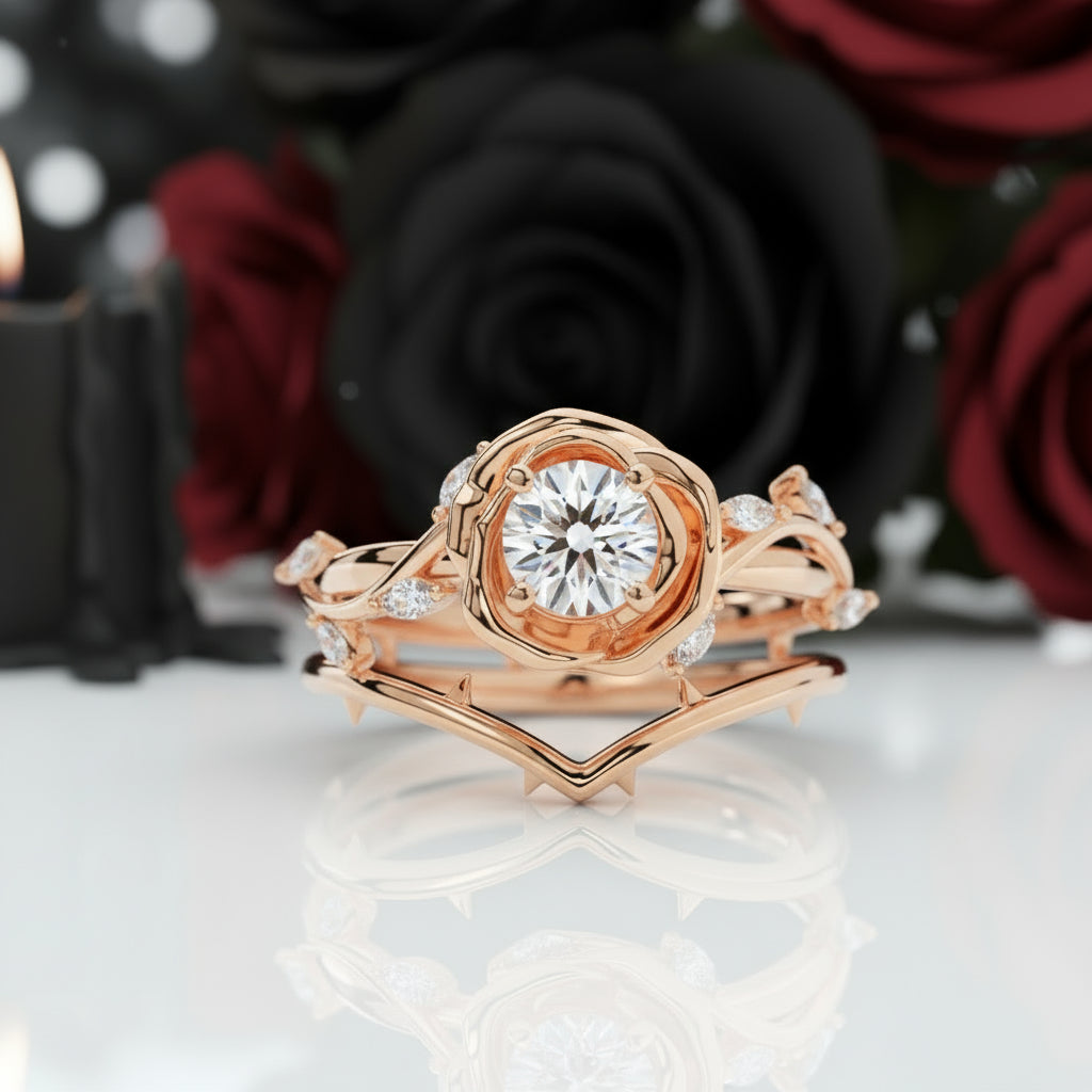 Black Rose- .50ct Round Cut Diamond 14k Gold Modern Goth Engagement Ring-Black Diamonds New York