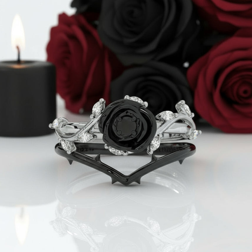 Black Rose- .50ct Round Cut Diamond 14k Gold Modern Goth Engagement Ring-Black Diamonds New York