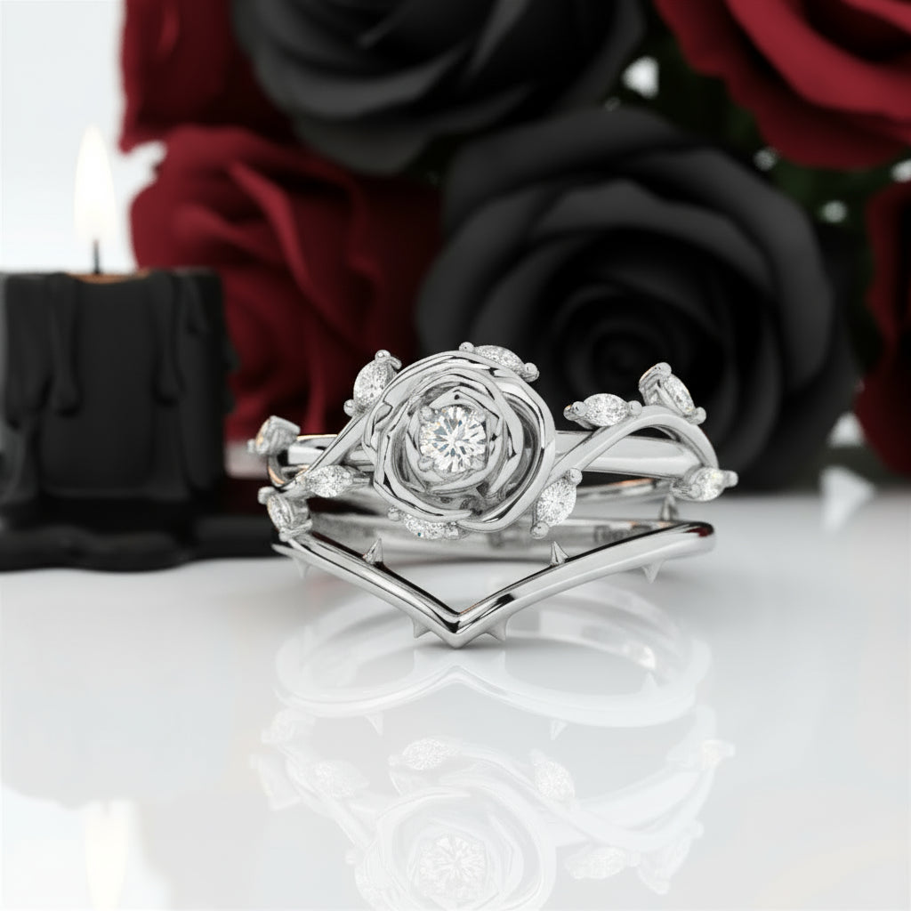 Black Rose- .50ct Round Cut Diamond 14k Gold Modern Goth Engagement Ring-Black Diamonds New York