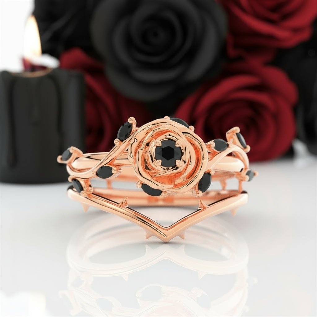 Black Rose- .50ct Round Cut Diamond 14k Gold Modern Goth Engagement Ring-Black Diamonds New York