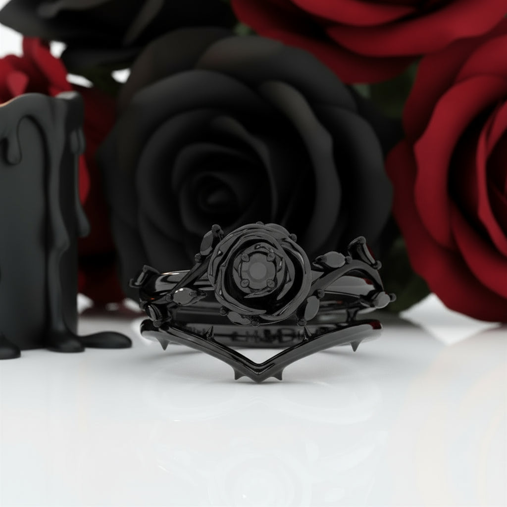 Black Rose- .50ct Round Cut Diamond 14k Gold Modern Goth Engagement Ring-Black Diamonds New York