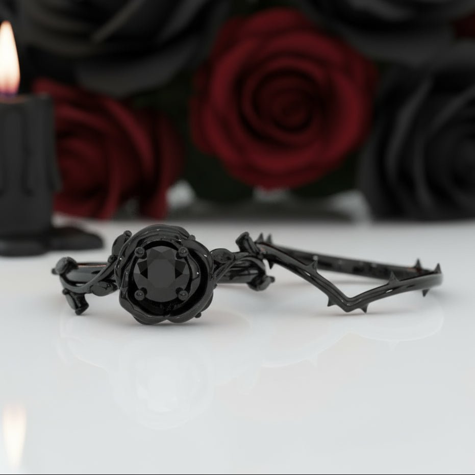 Black Rose- .50ct Round Cut Diamond 14k Gold Modern Goth Engagement Ring-Black Diamonds New York