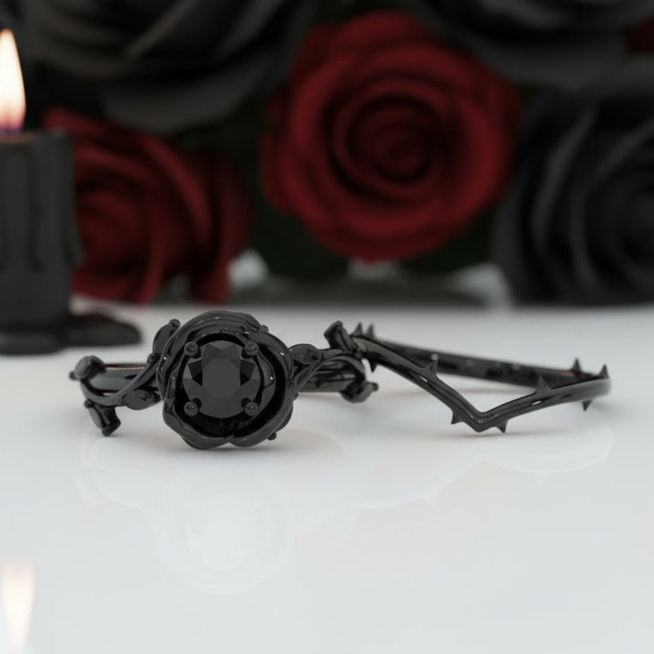 Black Rose- .50ct Round Cut Diamond Option 14k Gold Modern Goth Engagement Ring-Black Diamonds New York