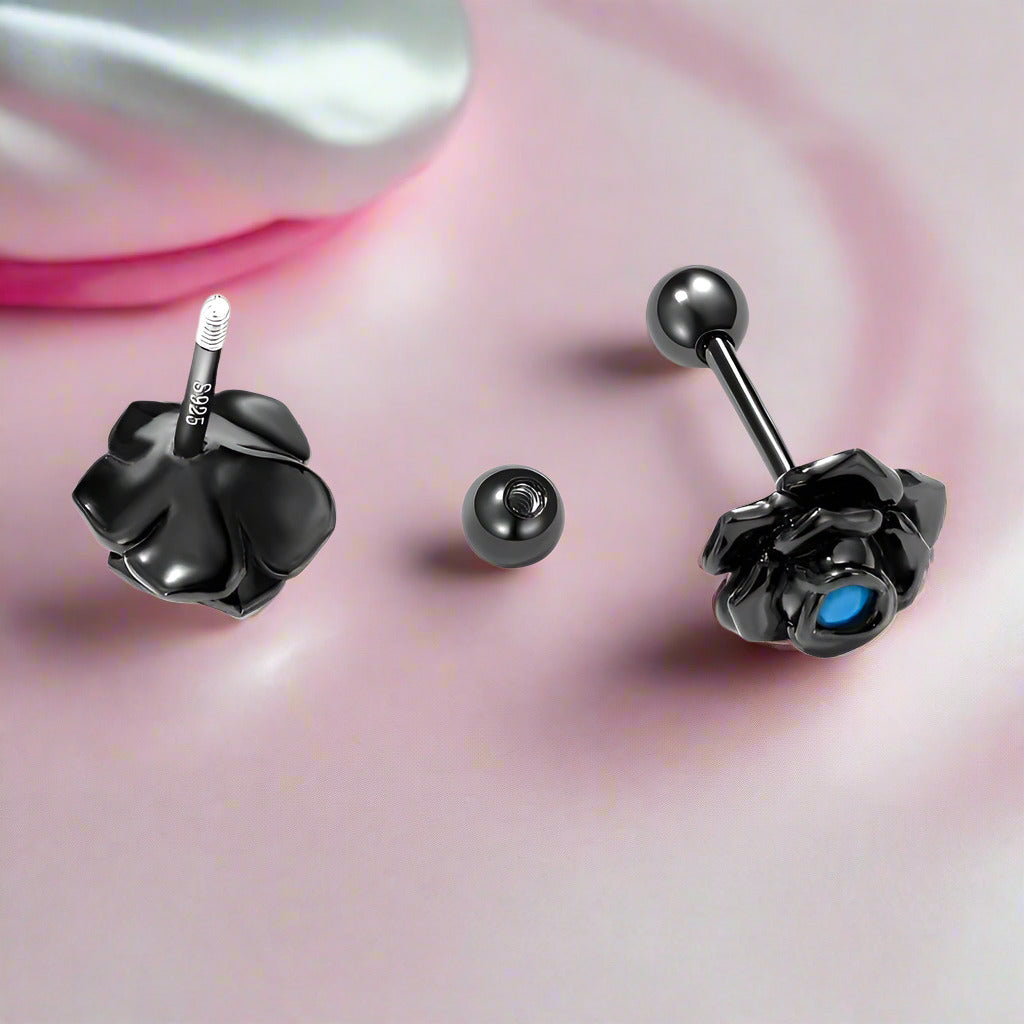 Black Rose Flower Stud Earrings-Black Diamonds New York