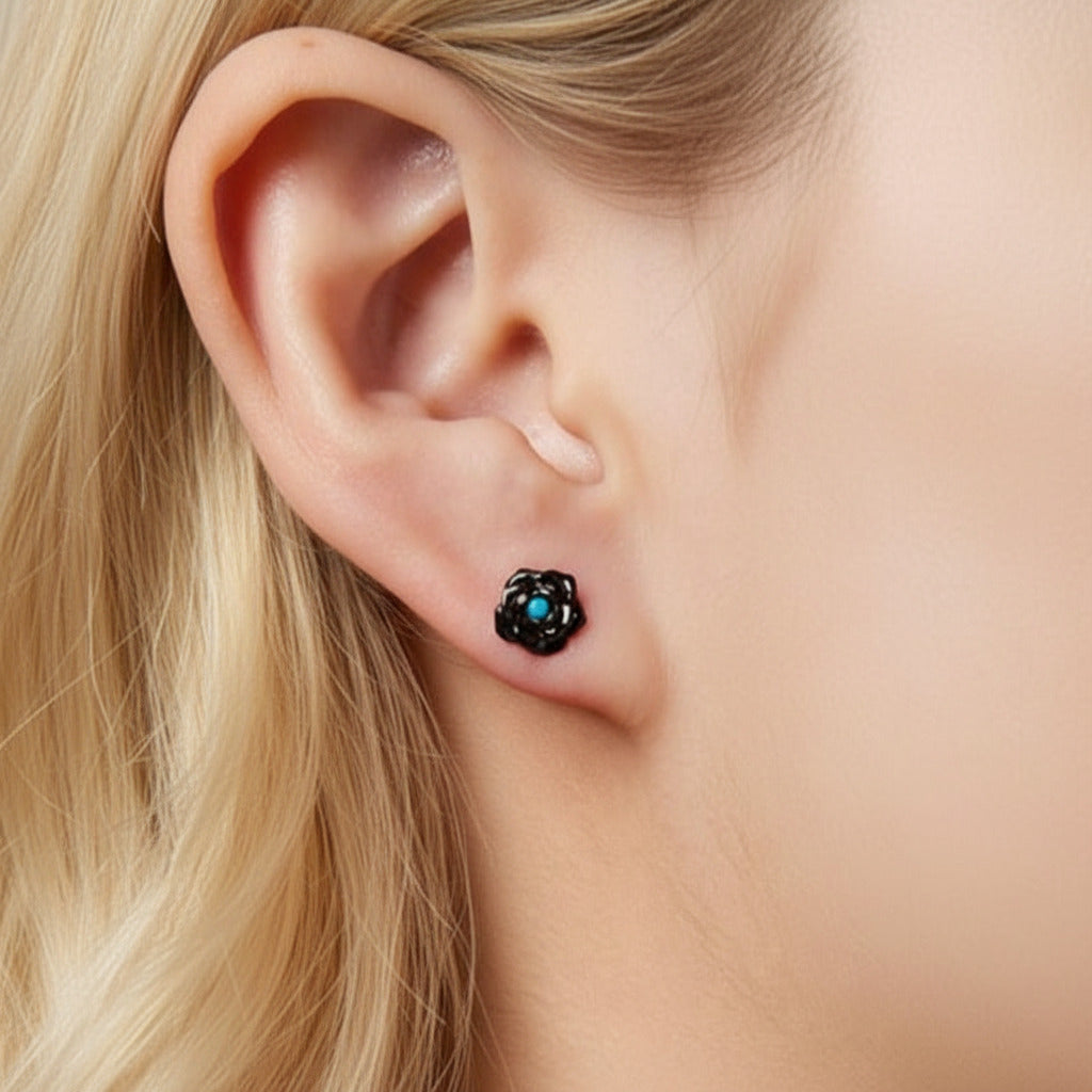 Black Rose Flower Stud Earrings-Black Diamonds New York