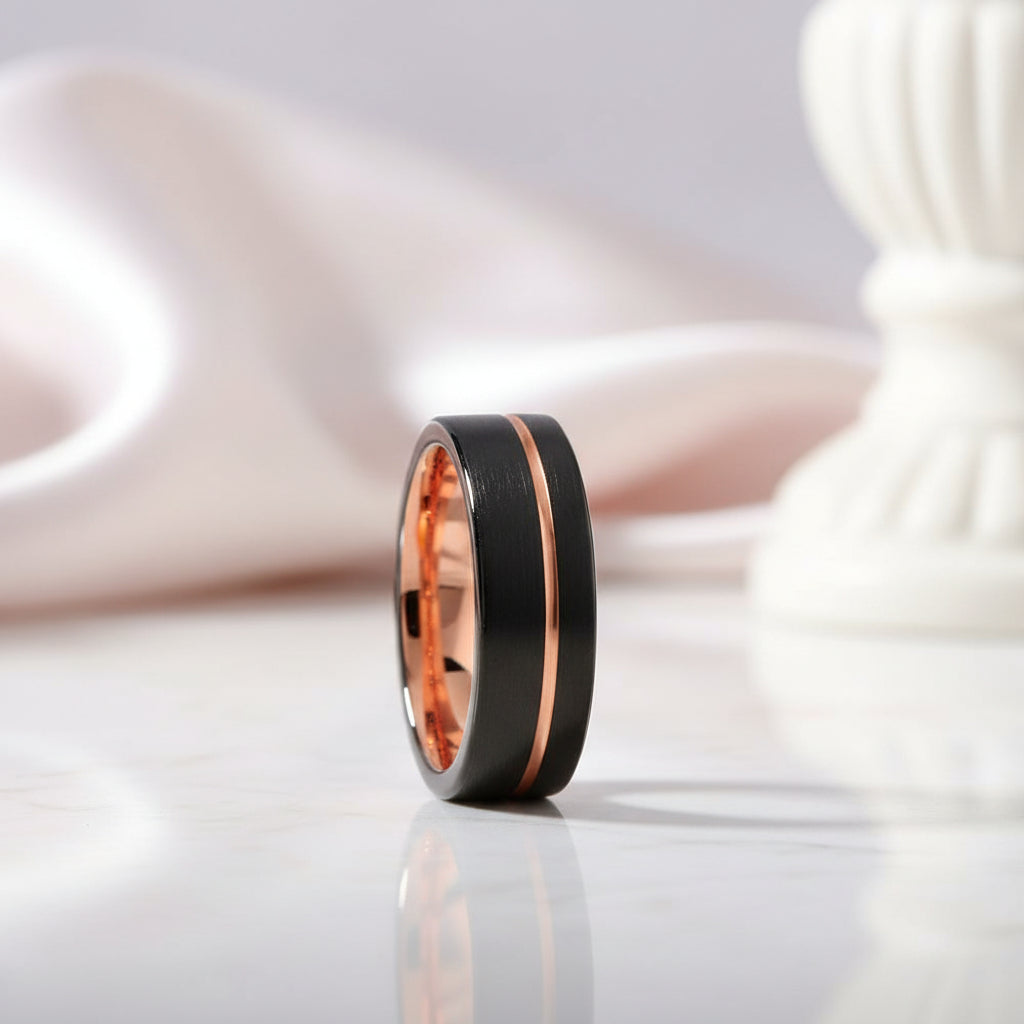 Tungsten Wedding Band - 8mm Black & Rose Gold Plated, Unisex, Comfort Fit, Scratch Resistant