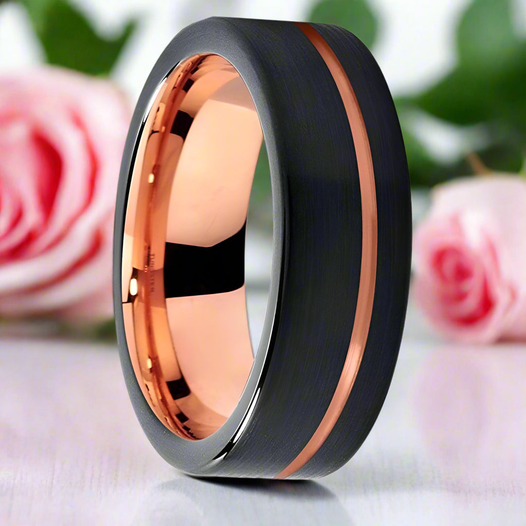 Black & Rose Gold Color Pipe Cut Brushed Polish Tungsten Wedding Band-Black Diamonds New York
