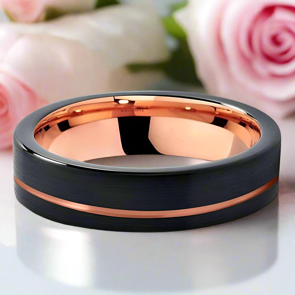 Black & Rose Gold Color Pipe Cut Brushed Polish Tungsten Wedding Band-Black Diamonds New York