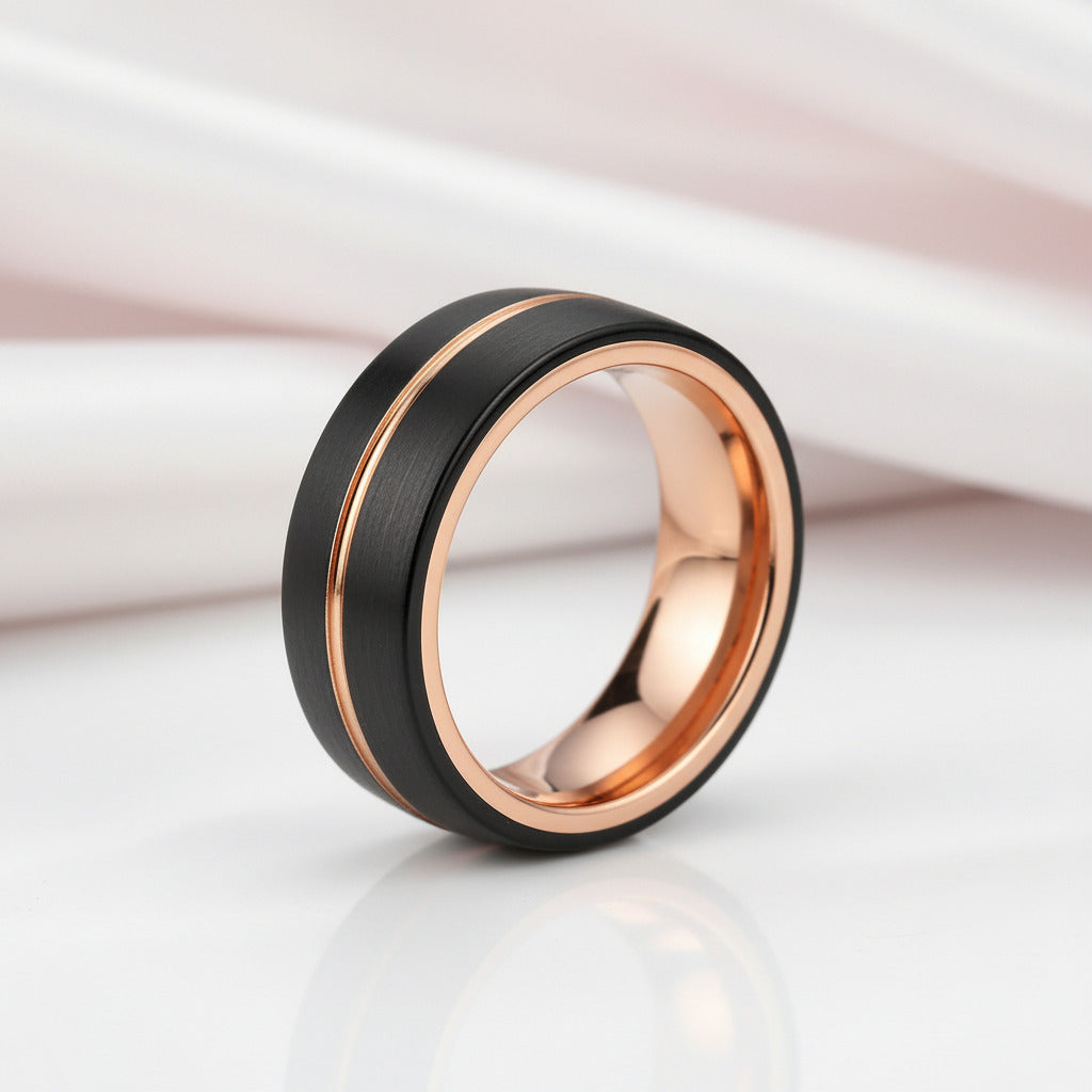 Black & Rose Gold Color Pipe Cut Brushed Polish Tungsten Wedding Band-Black Diamonds New York