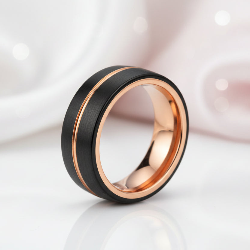 Black & Rose Gold Color Pipe Cut Brushed Polish Tungsten Wedding Band-Black Diamonds New York