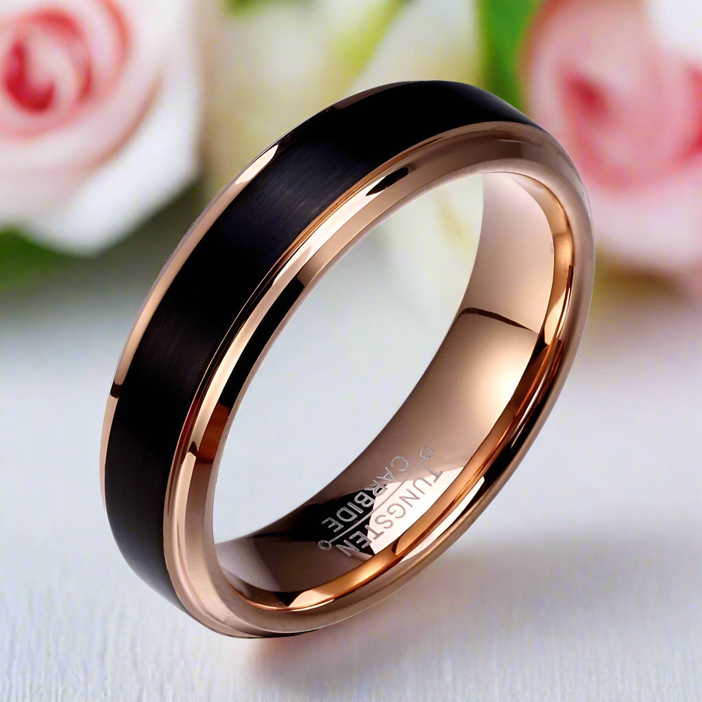 Black & Rose Gold Color Tungsten Carbide Couple Wedding Band-Black Diamonds New York