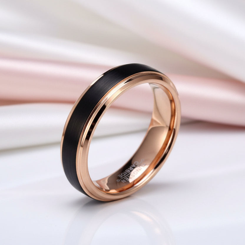 Black & Rose Gold Color Tungsten Carbide Couple Wedding Band-Black Diamonds New York