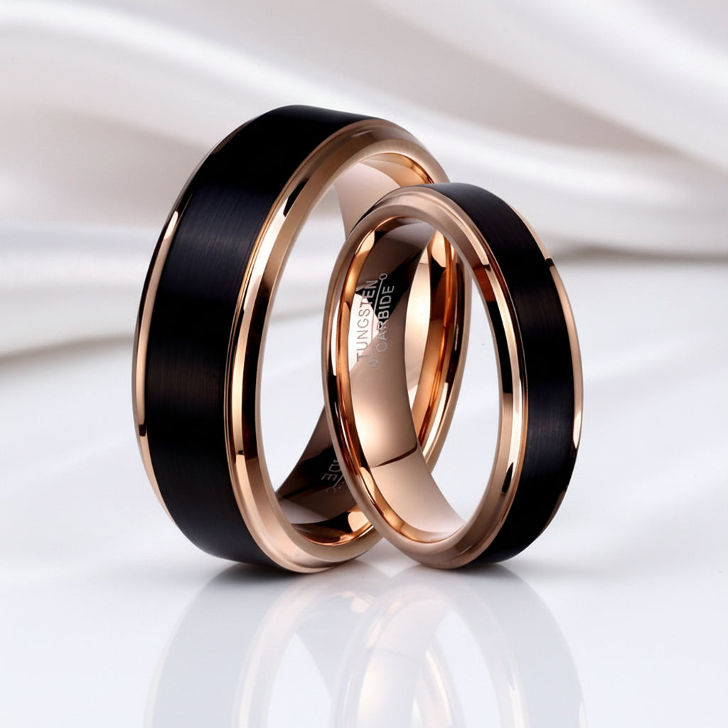 Black & Rose Gold Color Tungsten Carbide Couple Wedding Band-Black Diamonds New York