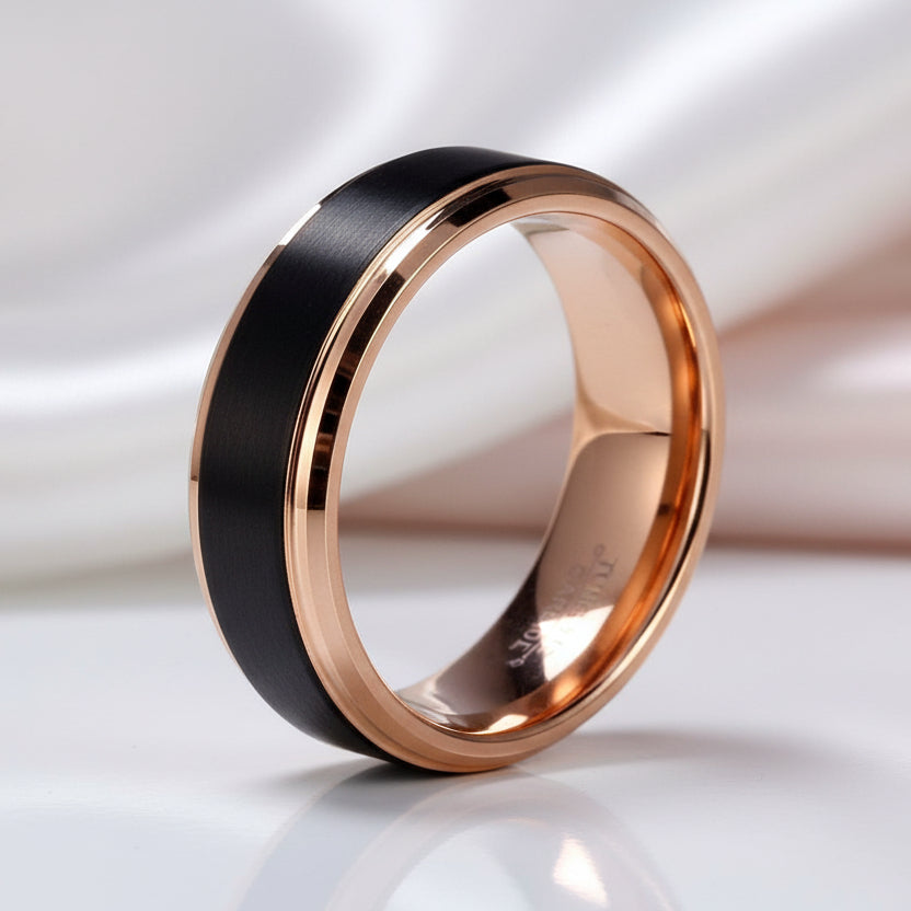Black & Rose Gold Color Tungsten Carbide Couple Wedding Band-Black Diamonds New York