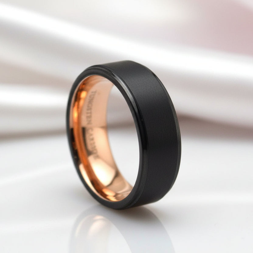 Black & Rose Gold Tungsten Brushed Center & Polished Step Edges Wedding Band-Black Diamonds New York
