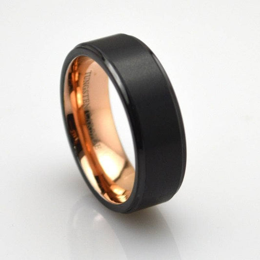 Black & Rose Gold Tungsten Carbide Brushed Center & Polished Step Edges Wedding Band - Black Diamonds New York