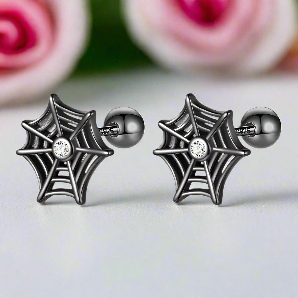 Black Spider Web Screw Stud Earrings-Black Diamonds New York