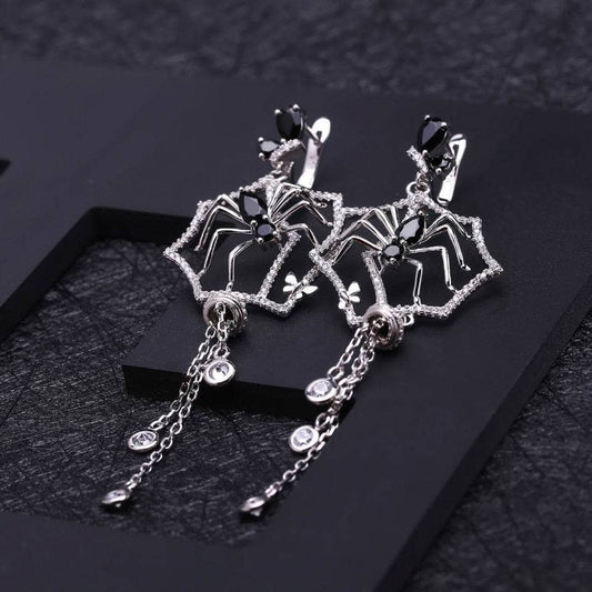Black Spinel Spider Long Vintage Gothic Drop Earrings-Black Diamonds New York