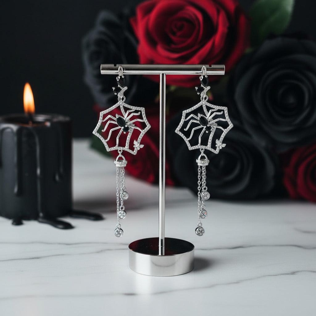 Black Spinel Spider Long Vintage Gothic Drop Earrings-Black Diamonds New York