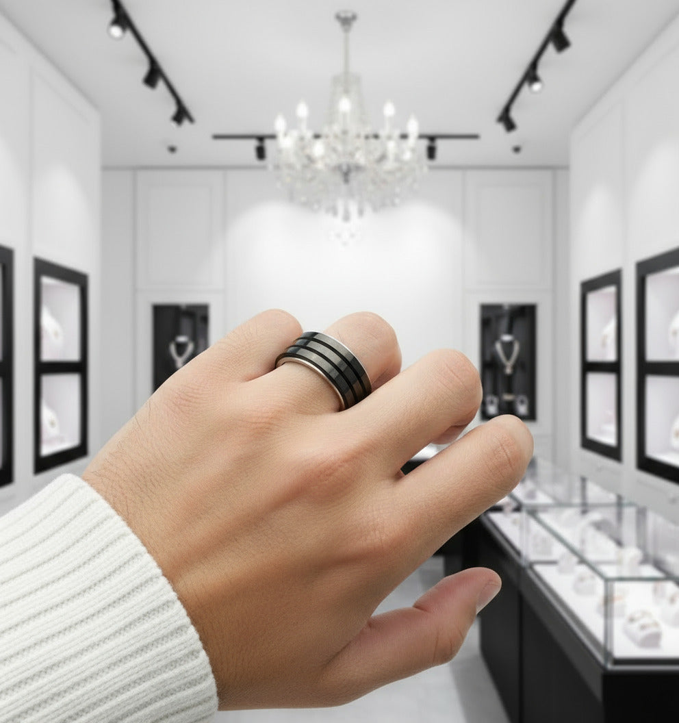 Black Stainless Steel Men Ring Band Rotatable Design-Black Diamonds New York