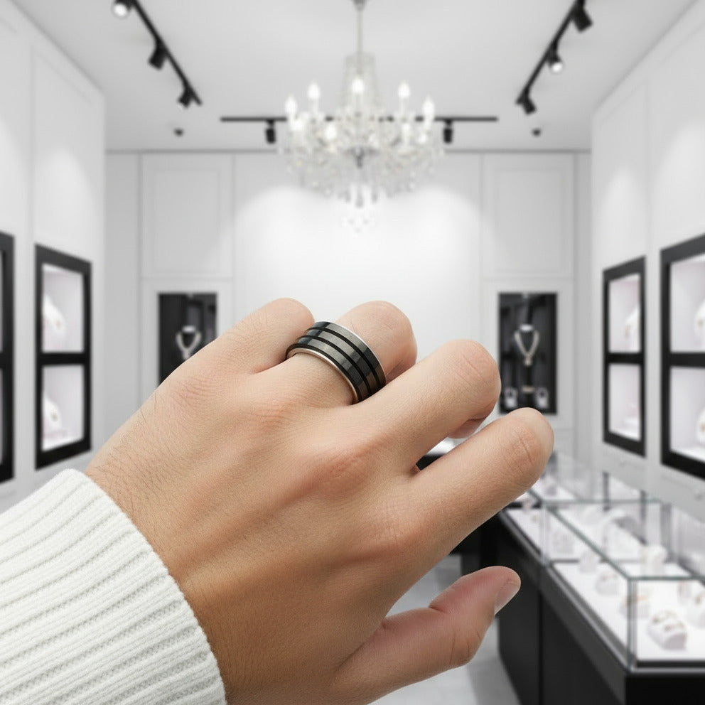 Black Stainless Steel Men Ring Band Rotatable Design-Black Diamonds New York