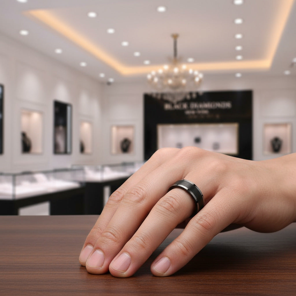 Black Tungsten Carbide Men's Wedding Band-Black Diamonds New York