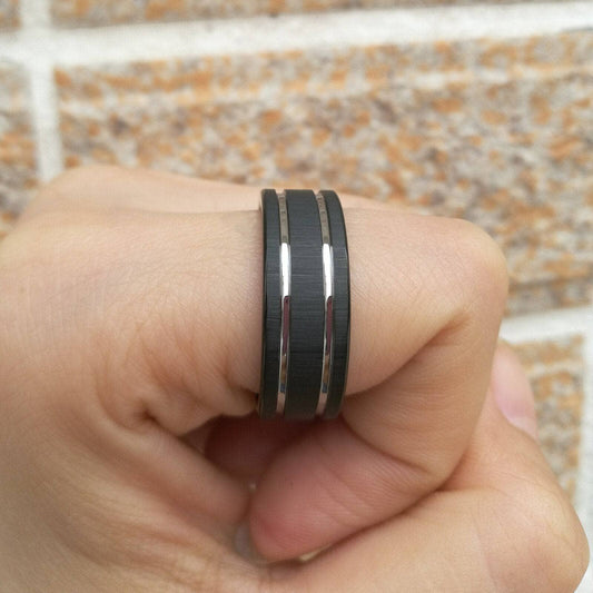 Black Tungsten Carbide Silver Line Matte Brushed Ring