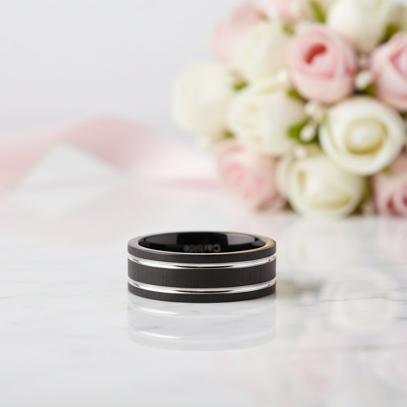 Black Tungsten Carbide Silver Line Matte Brushed Ring-Black Diamonds New York