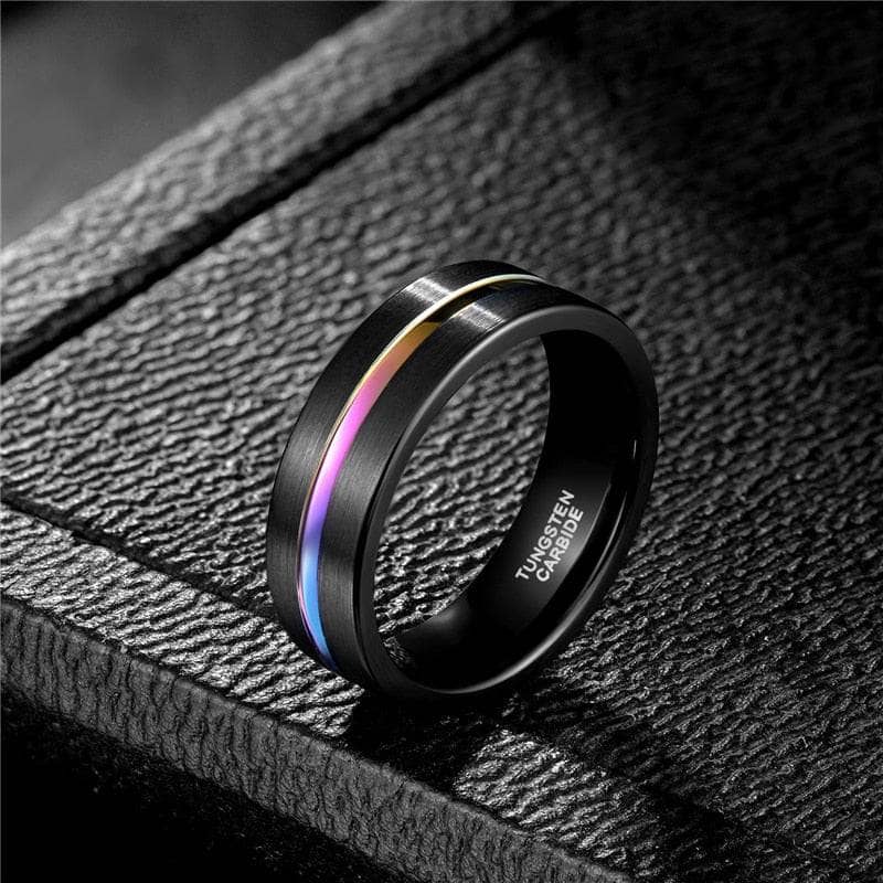 Black Tungsten Carbide Wedding Ring with Rainbow Line-Black Diamonds New York