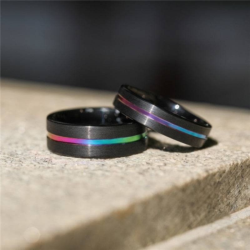 Black Tungsten Carbide Wedding Ring with Rainbow Line-Black Diamonds New York