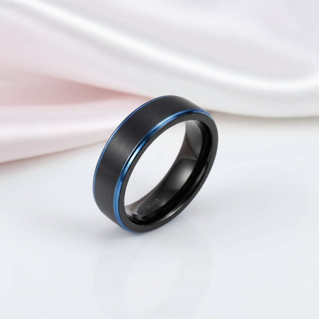 Black Tungsten Men's Wedding Band with Blue Line-Black Diamonds New York