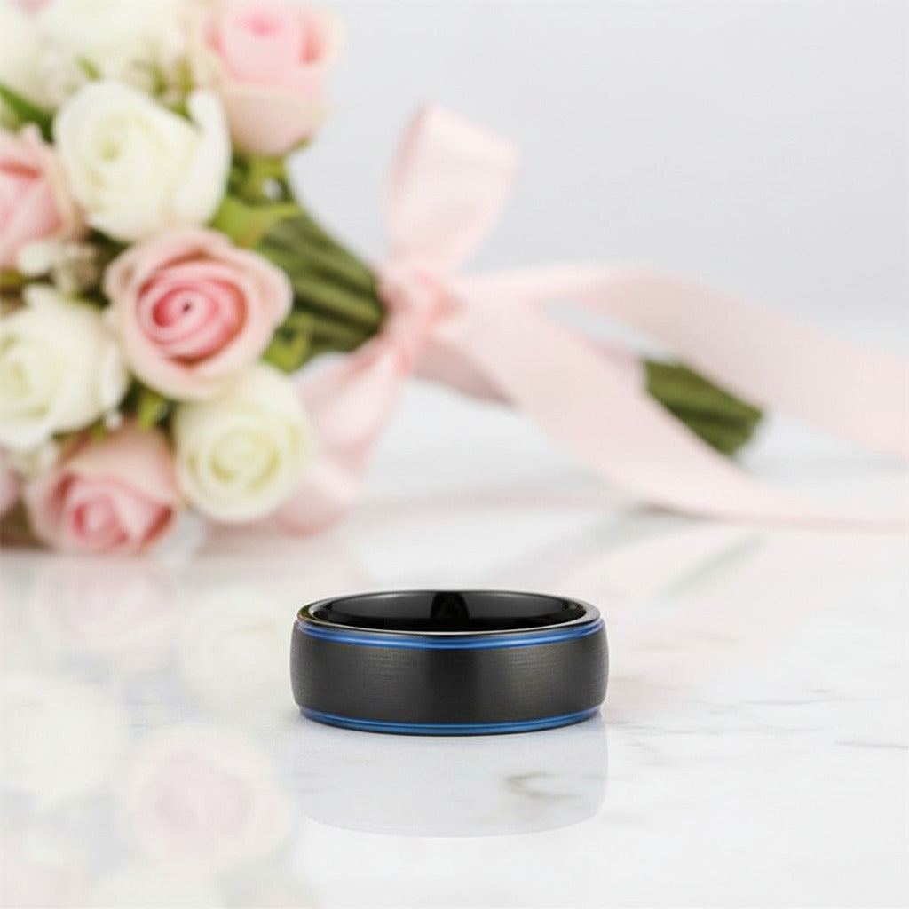 Black Tungsten Men's Wedding Band with Blue Line-Black Diamonds New York