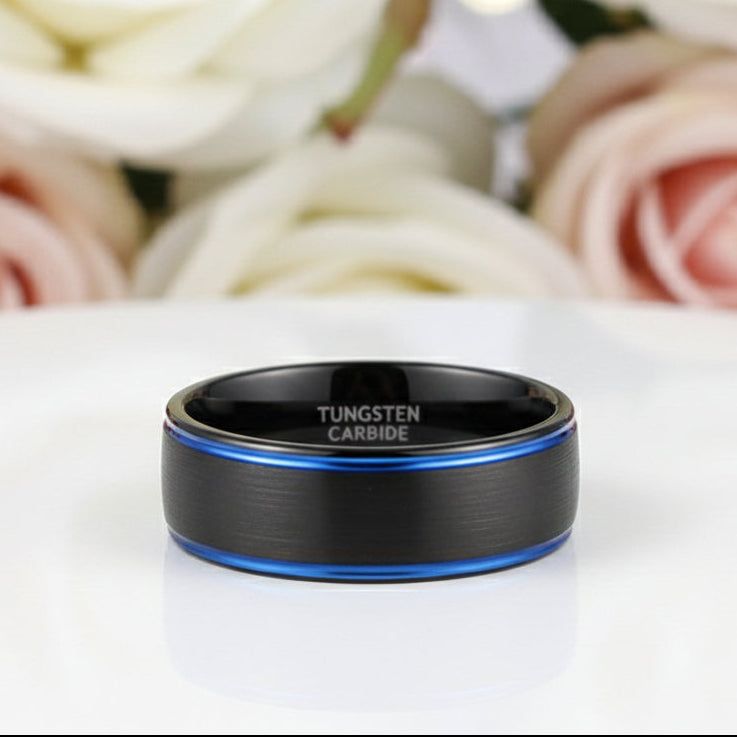 Black Tungsten Men's Wedding Band with Blue Line-Black Diamonds New York